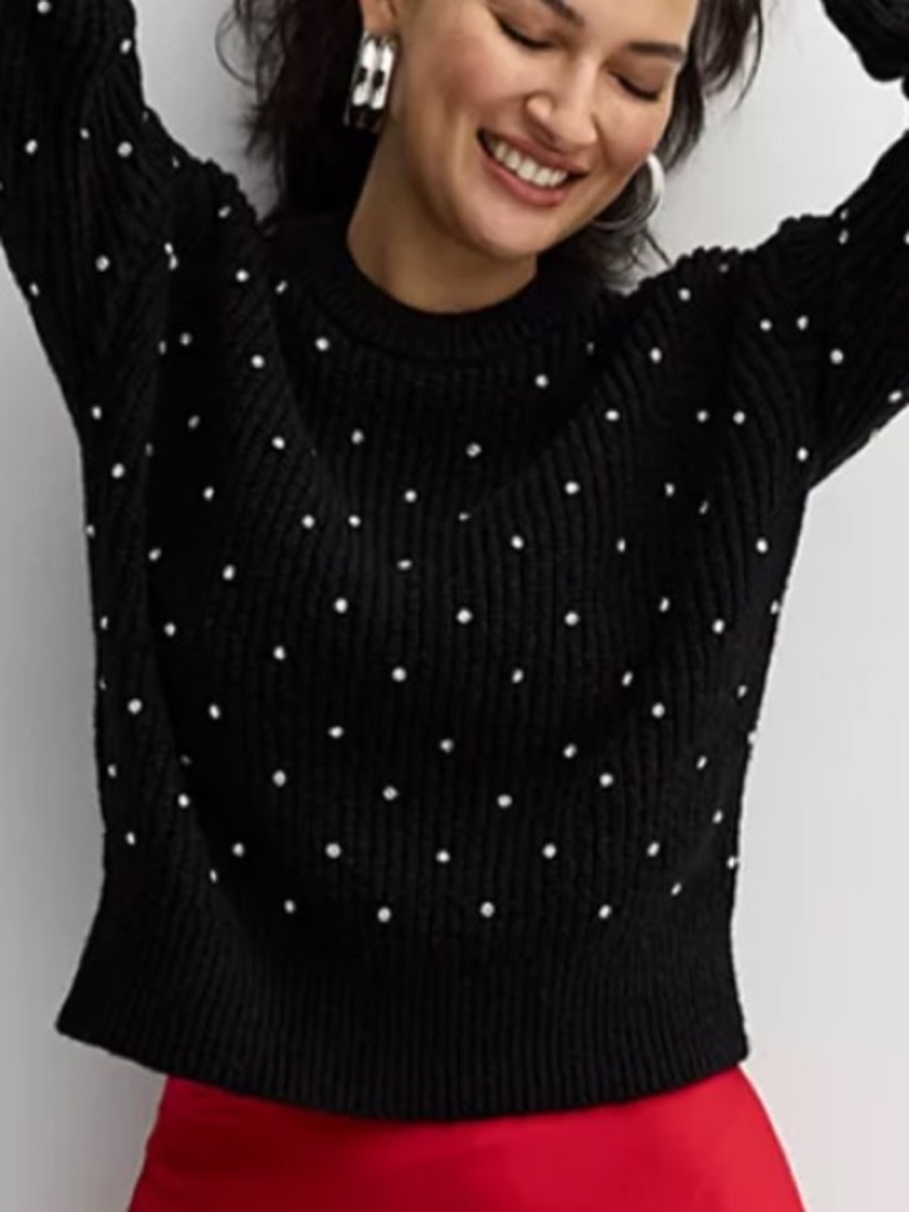 NINE WEST Black Rhinestone Embellishment Ribbed  Crewneck Sweater S